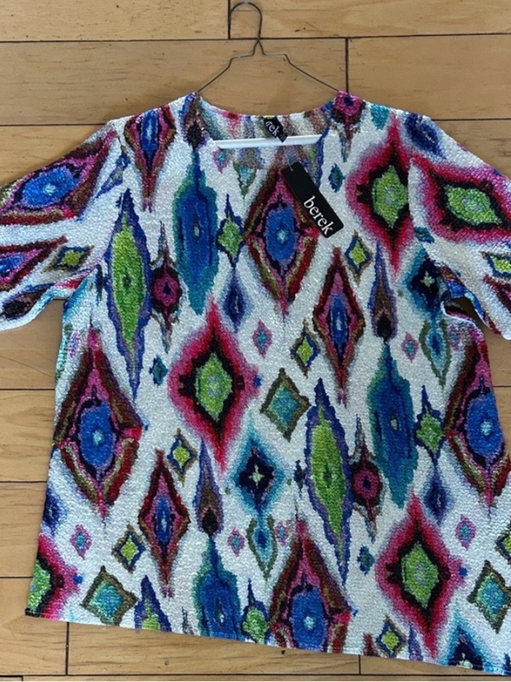 berek Multicolor Ikat Print Sequin Top - White, Blue, Green, Pink